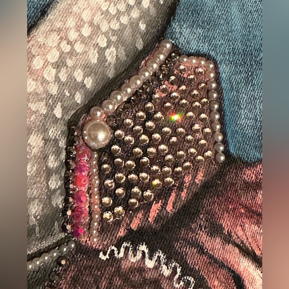 Victorian flamingo handpainted rhinestones cropped denim TGLA Jean jacket sz LG - Picture 14 of 16